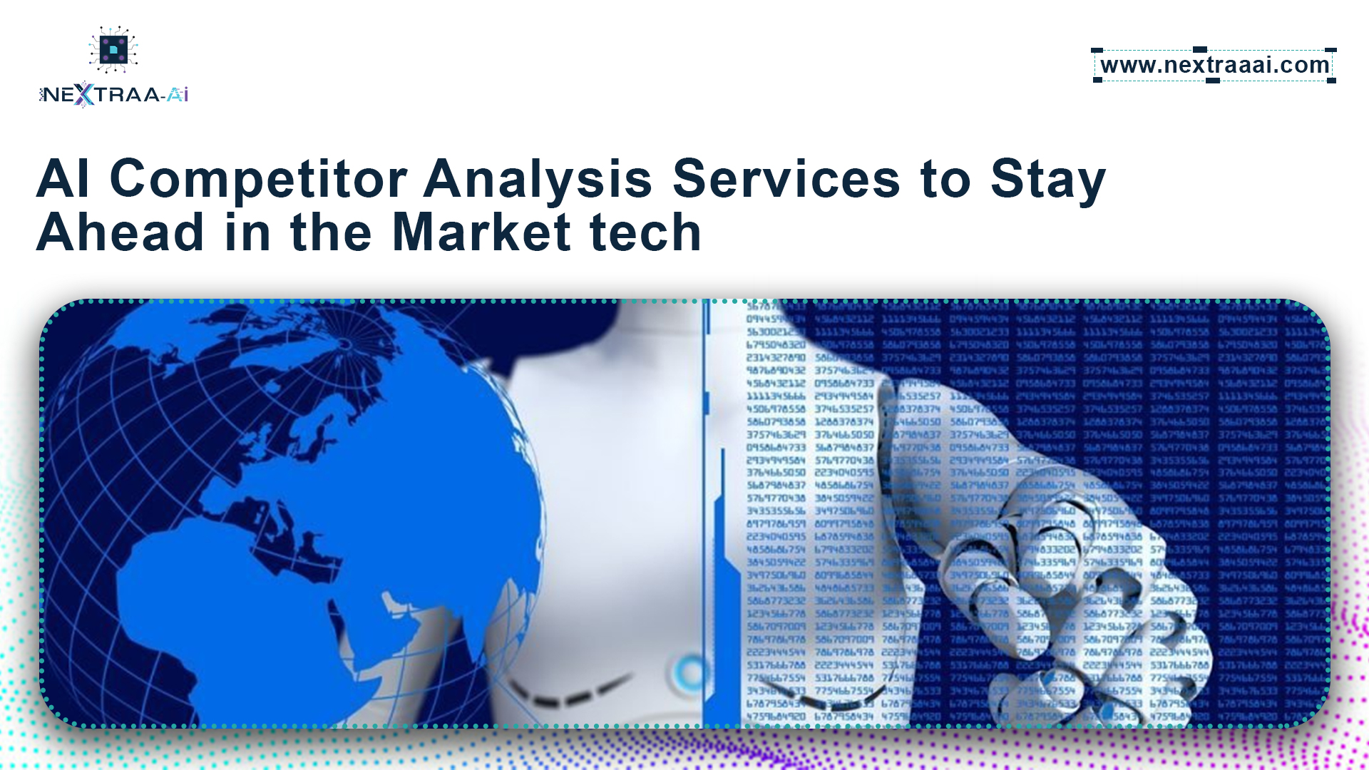 AI competitor analysis services illustration showing robotic hand, digital globe, and data insights for market intelligence.