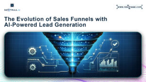 Illustration of AI-powered sales funnel showing lead generation, automation, data analytics, and conversion process – Nextraa AI branding.