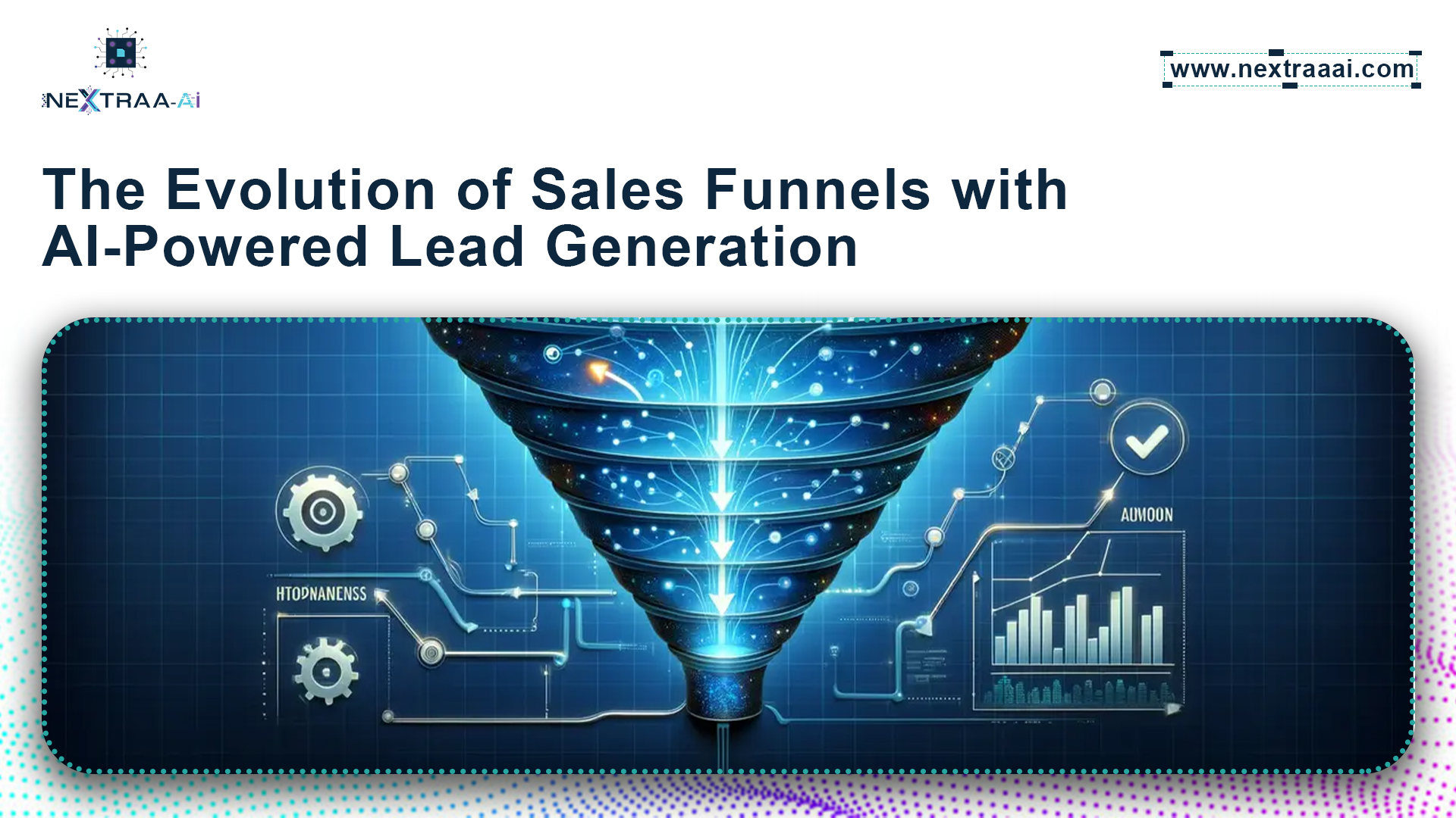 Illustration of AI-powered sales funnel showing lead generation, automation, data analytics, and conversion process – Nextraa AI branding.