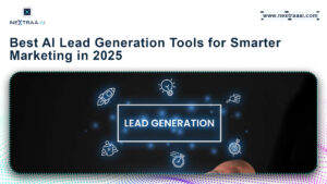 Banner image for NextraaAI article titled Best AI Lead Generation Tools for Smarter Marketing in 2025 with lead generation icons on a dark background.
